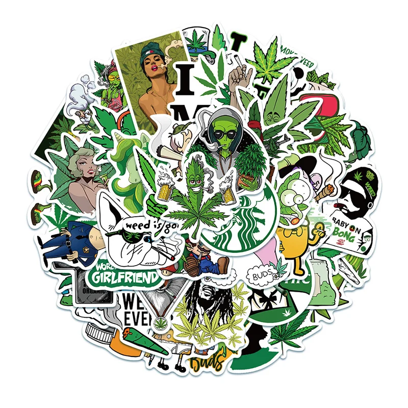 

50PCS Hemp Leaf Stickers Decals Waterproof Helmet Luggage Decor Graffiti Sticker