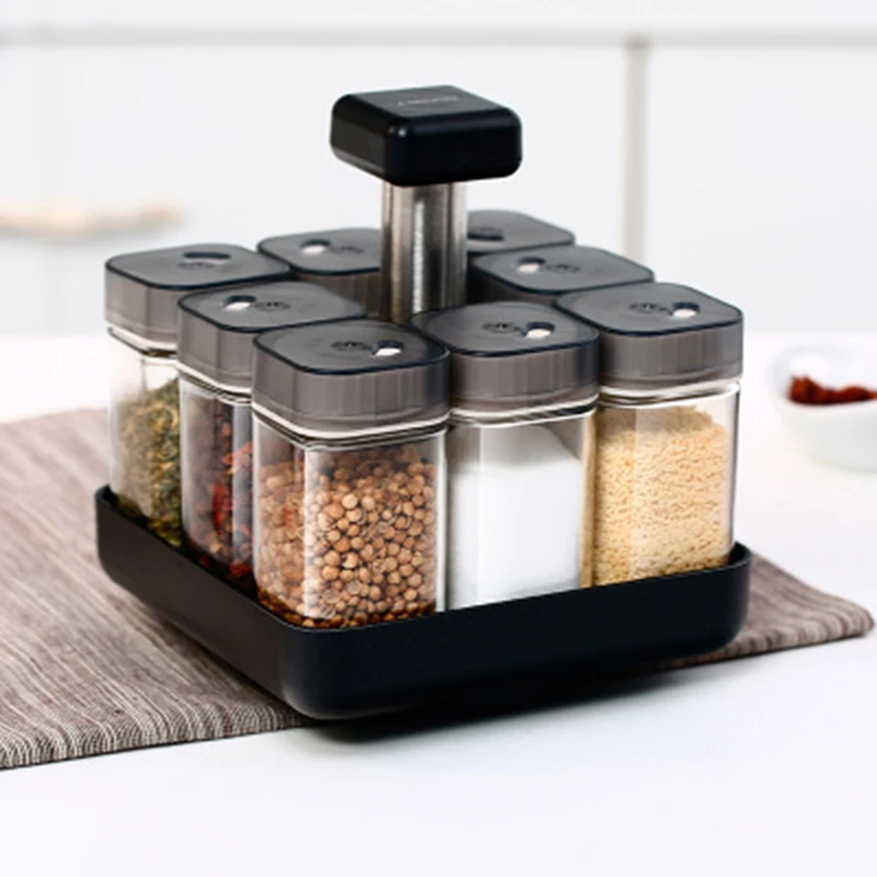 

Kitchen rotating glass seasoning jar set barbecue pepper salt shaker paprika bottle kitchen storage rack jar