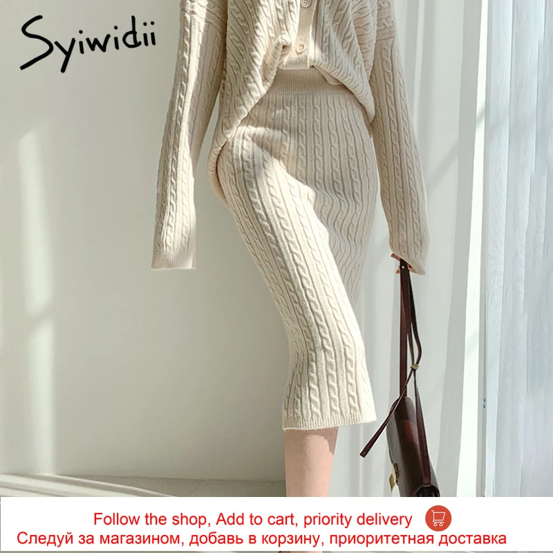 Syiwidii Knit 2 Piece Set Sweater Cardigans Midi Skirts Woman Fall Winter 2021 Elastic Band High Waist Long Skirt Office Outfits |