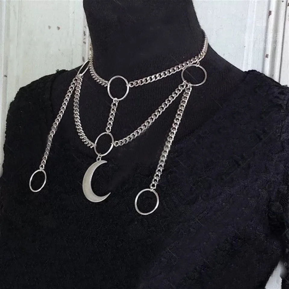 

Gothic Harajuku Style Punk Silver Color Multilayer Chain Tassel Necklaces Fashion Moon Circles Pendant Necklace For Women bijoux