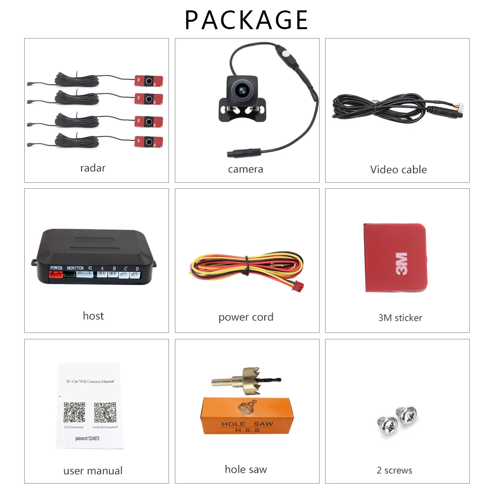 

Wifi Reversing Video Parking System Kit With 4 Buzzer Radar Sensor Sound Alert Reverse Backup Camera Support App Viewing 12V