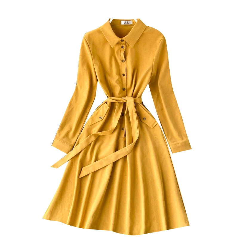 

Solid Women Elegant Button Belt Midi Spring Autumn Casual Office Ladies Pockets Dress