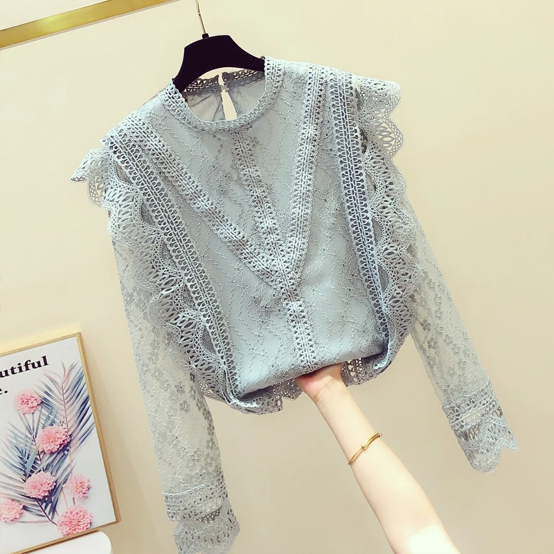 blue blouse MUMUZI шифоновые кружевные женские топы, блузки с длинными рукавами, кружевные лоскутные сексуальные стильные женские рубашки, модная женская одежда, кружевные блузки - Цвет: blue blouse