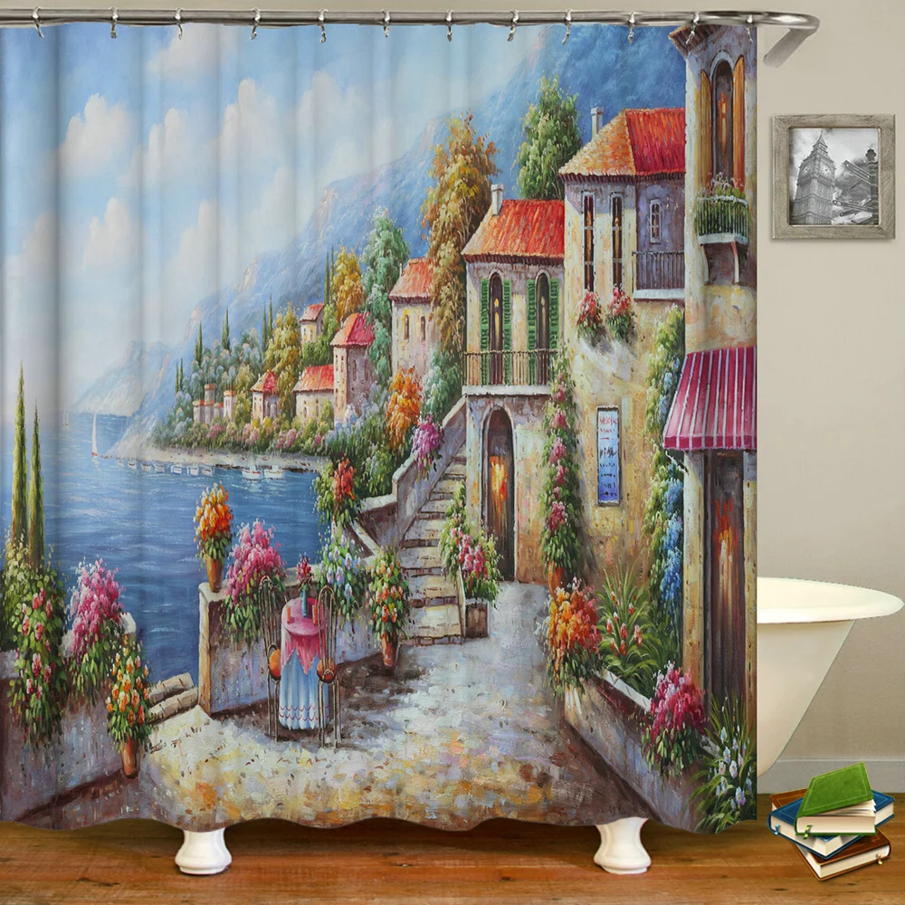

3d Printing Rural Landscape Flowers Bathroom Curtains Shower Curtain with 12 Hooks Waterproof Polyester Fabric Bath Curtain