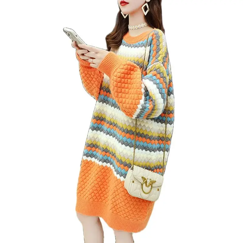 Женское трикотажное платье-свитер средней длины в Корейском стиле | Женская