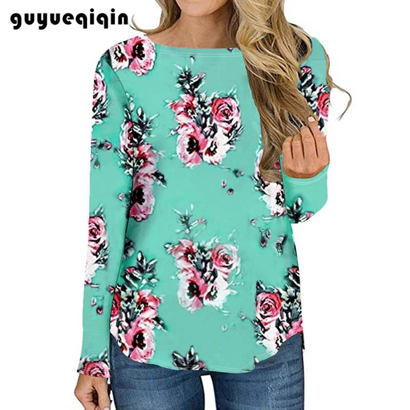 Женская блузка с длинным рукавом круглым вырезом и цветочным принтом| |