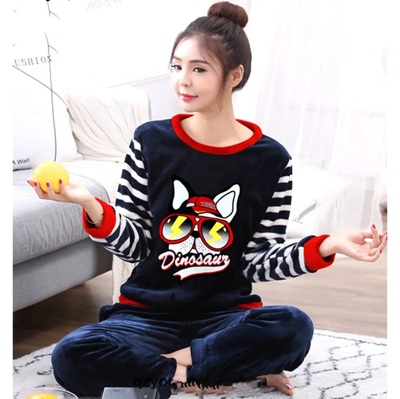 

Big s-5XLWomen's Pajamas Winter Pajamas set Women Long Sleeve Sleepwear Flannel Warm Lovely Top + Pants Pajamas Female Pyjama