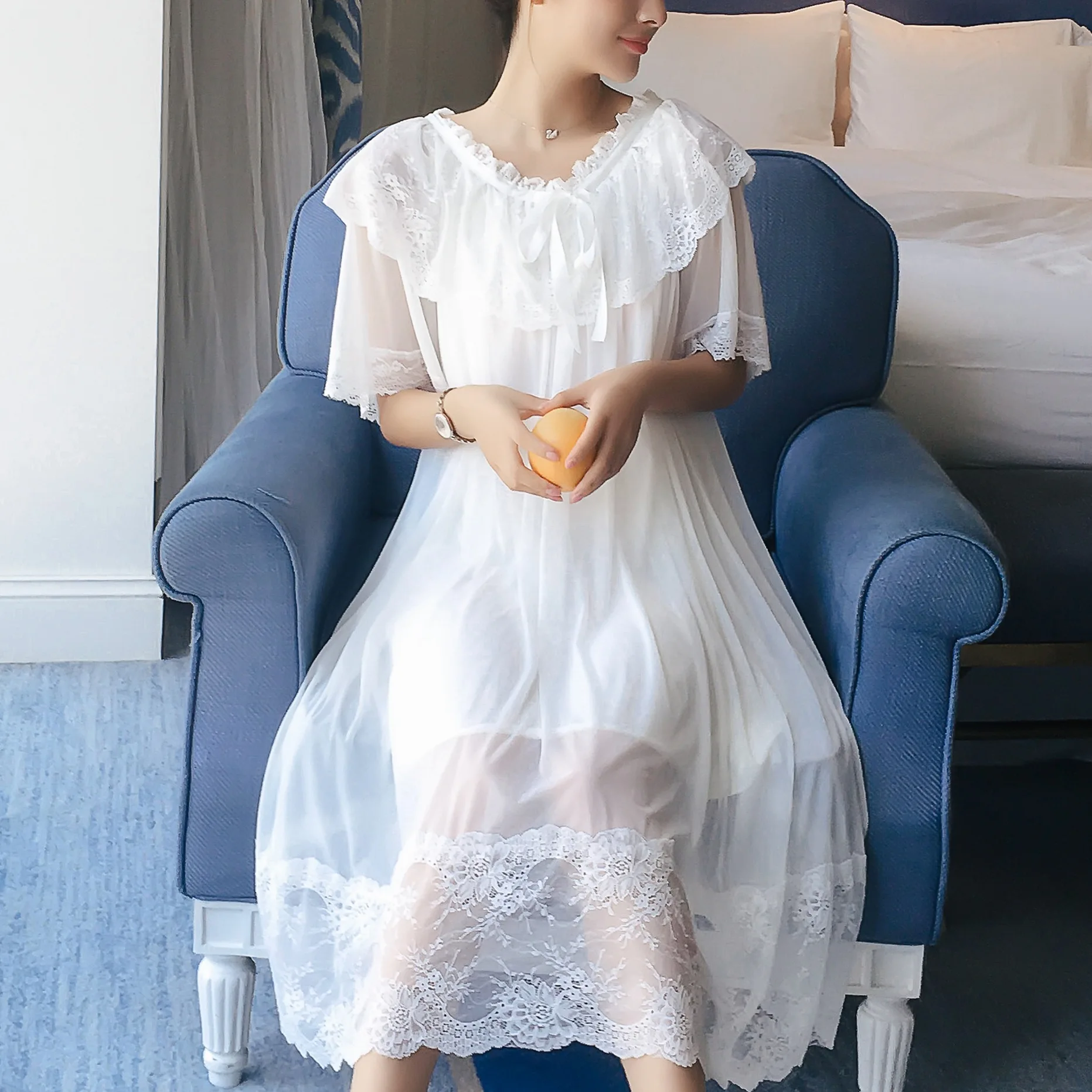 

White Retro Court Nightdress Female Summer Cute Lace Princess Long Style with Short Sleeve Modal Pijamas Leisure Tops