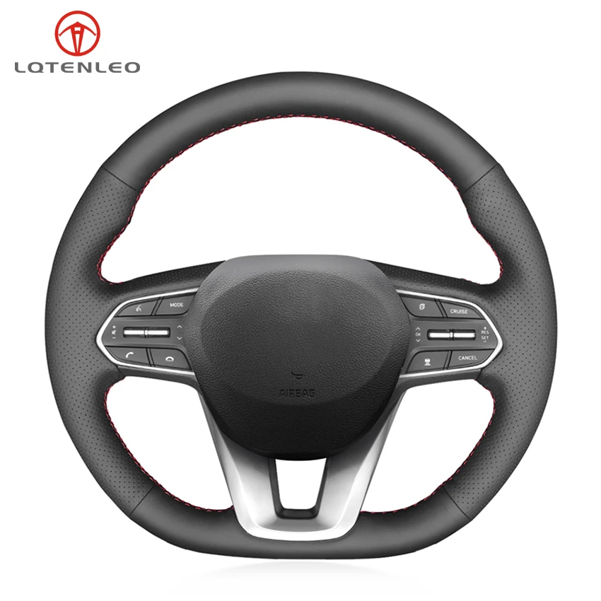 

LQTENLEO Black Genuine Leather Hand-stitched Car Steering Wheel Cover For Hyundai Santa Fe 2019-2020 Palisade 2020