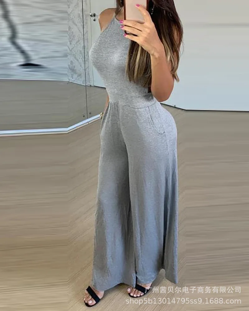 

Mandylandy Gray Sexy Jumpsuits Women Sleeveless Lace-up Sling Casual Jumpsuit Rompers Solid Color Summer Wide Leg Pants Jumpsuit