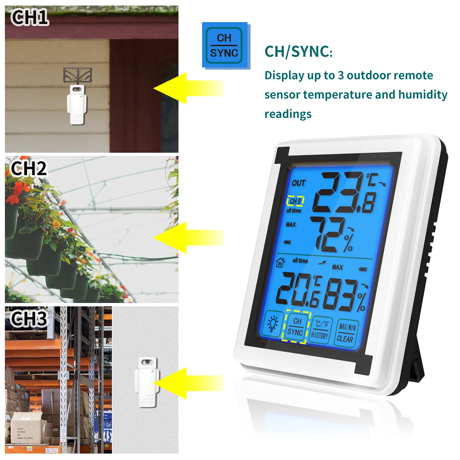 

Wireless In-Outdoor Digital Hygrometer Thermometer Large LCD Display Touch Screen Weather Station Hygrothermograph with Emitter