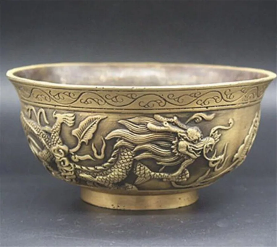 Big 13.5cm Copper Statue Exquisite Chinese Old Brass Hand-Carved Zodiac Animal Dragons Bowl Craft | Дом и сад