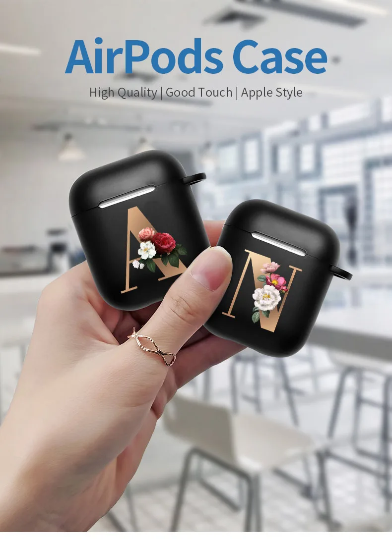 Чехол для наушников Apple airpods матовый черный силиконовый чехол с золотыми буквами