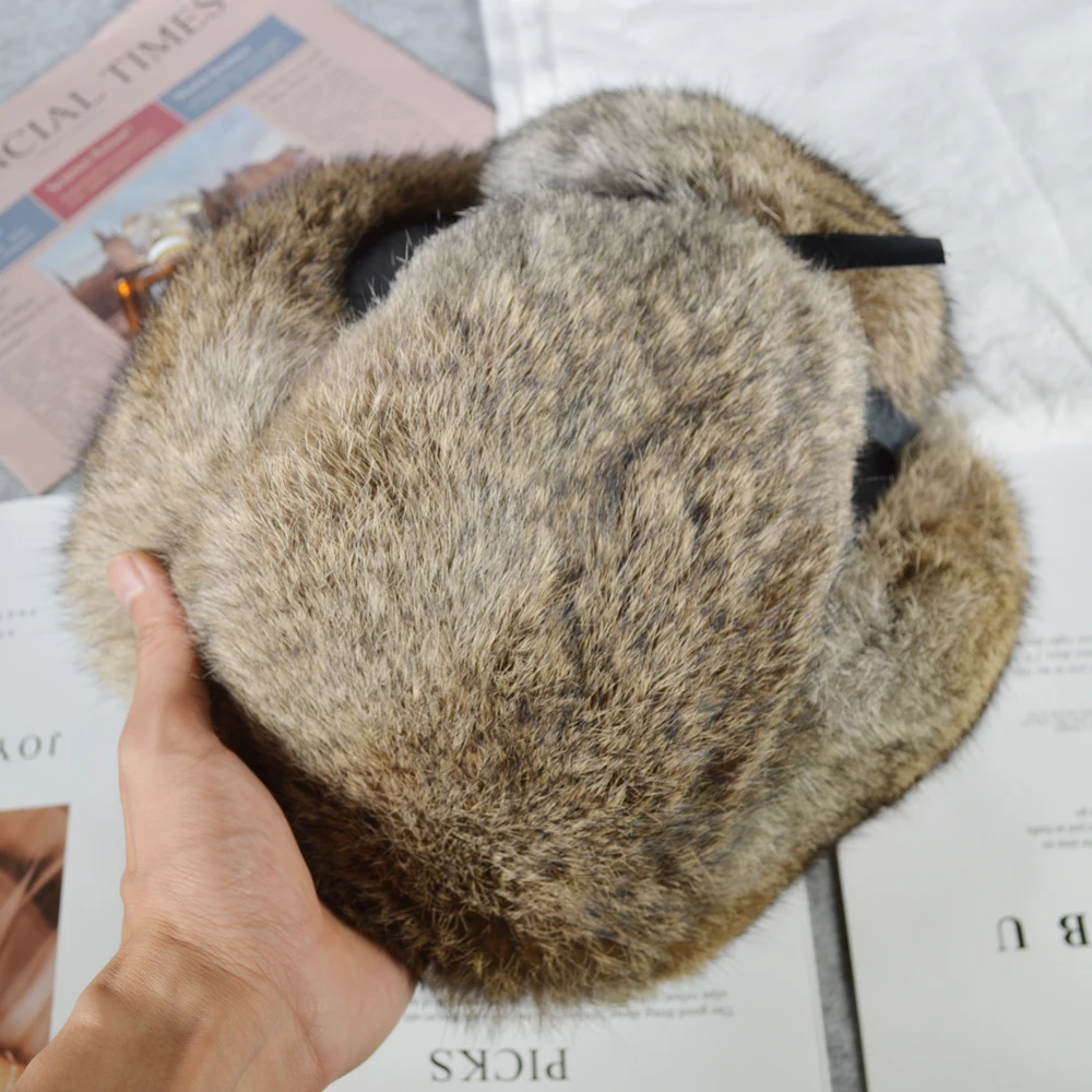 Шапка-ушанка мужская из натурального кроличьего меха ветрозащитная теплая