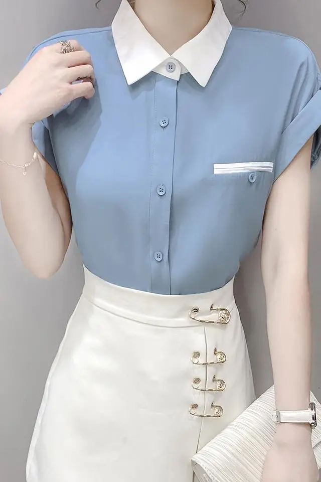 

2021 Summer Chic Chiffon Women's Shirt Fashion Fatchwork Blouse Office Lady Short Sleeve Blouses