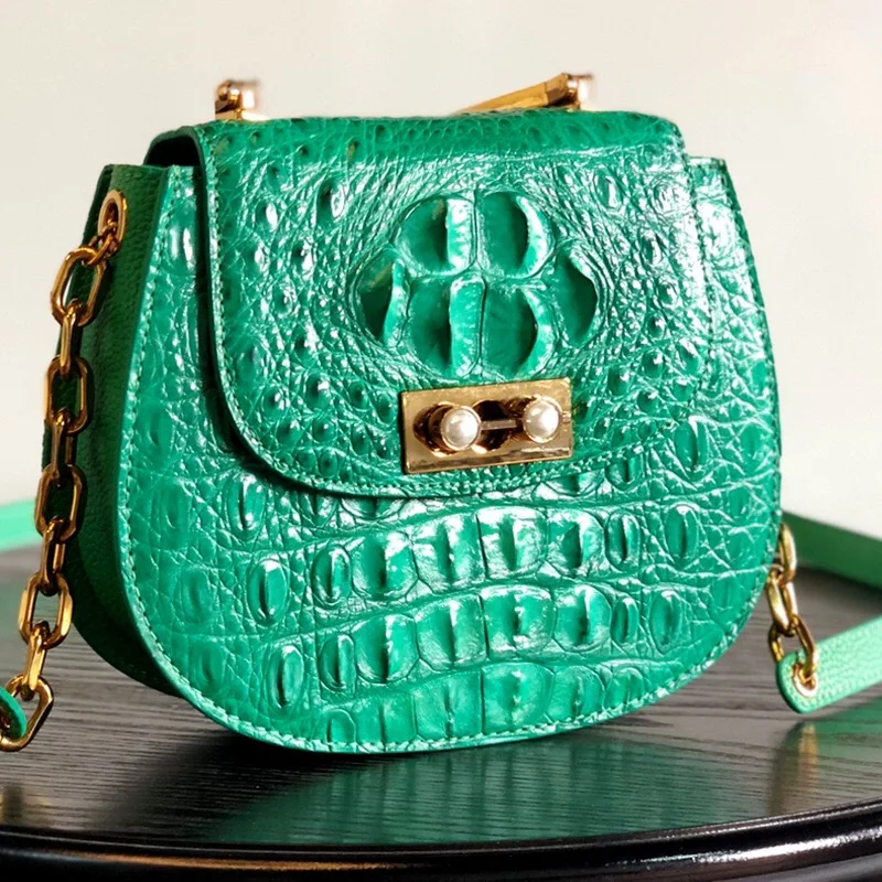 Модная Натуральная кожа аллигатора женская зеленая седельная Сумочка