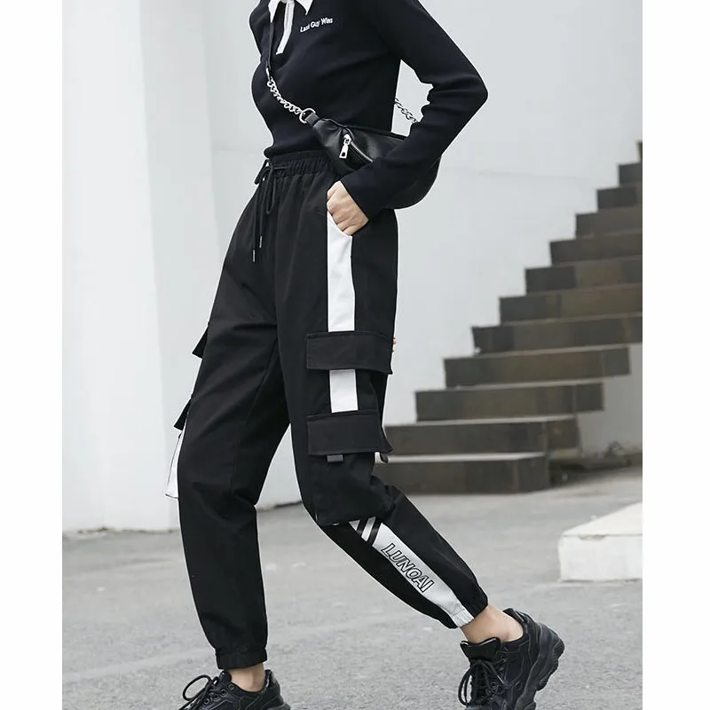 

Women Fashion Loose Cargo Pants Female Casual Big Pocket Streetwear Trousers Ladies Elastic Waist Ankle-length Jogger Pants