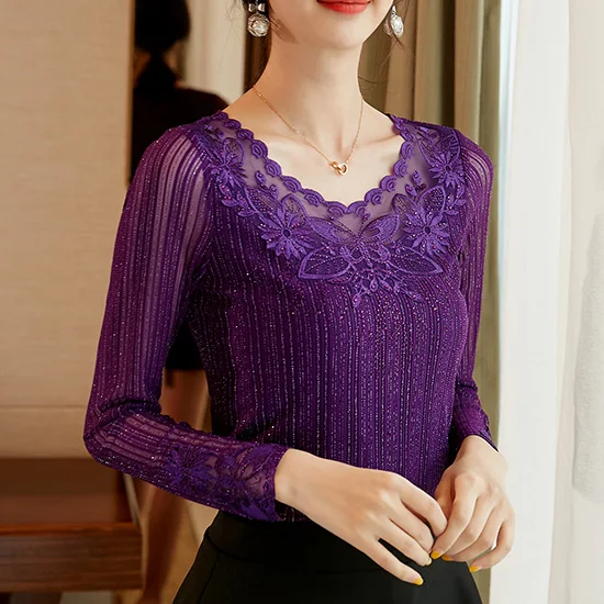 Purple Long sleeve Женская блузка, модная рубашка с длинным рукавом, Осенние Топы, элегантные тонкие вышитые кружевные рубашки размера плюс, Женские топы и блузы - Цвет: Purple Long sleeve