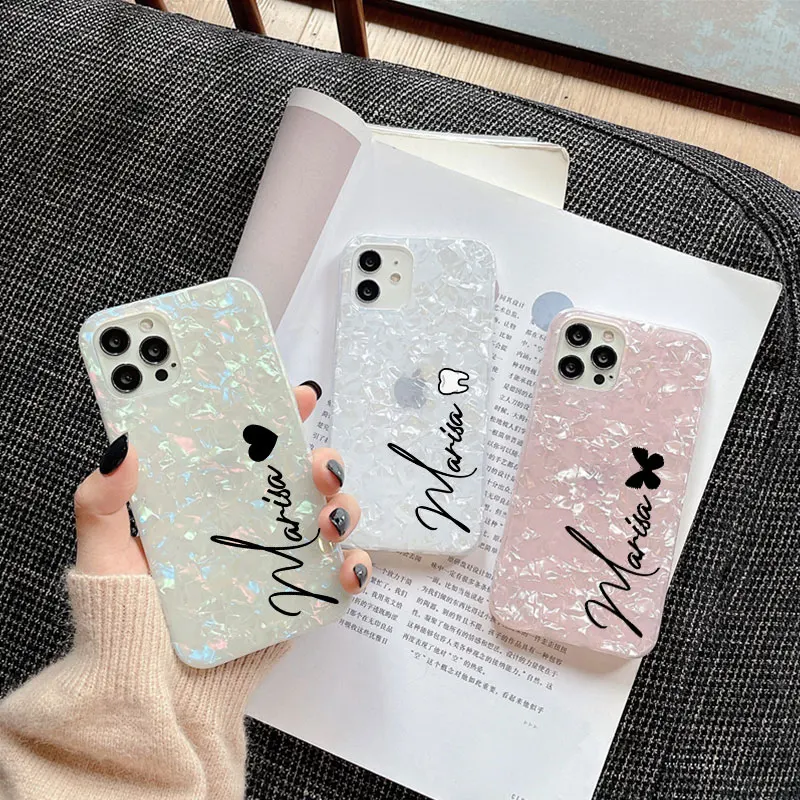 Crown Custom Name Phone Case Love Heart Pattern For iPhone 11 12 Pro Max 6 6S 7 8 Plus X XS Max XR Mini Shell Texture Sparkling