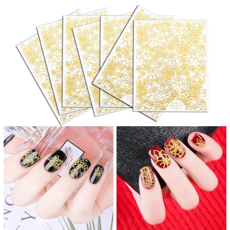 

1 Sheet Embossed Nail Art Stickers Golden Color Blooming Flower Decals Tips Decoration DIY Nail Sticker