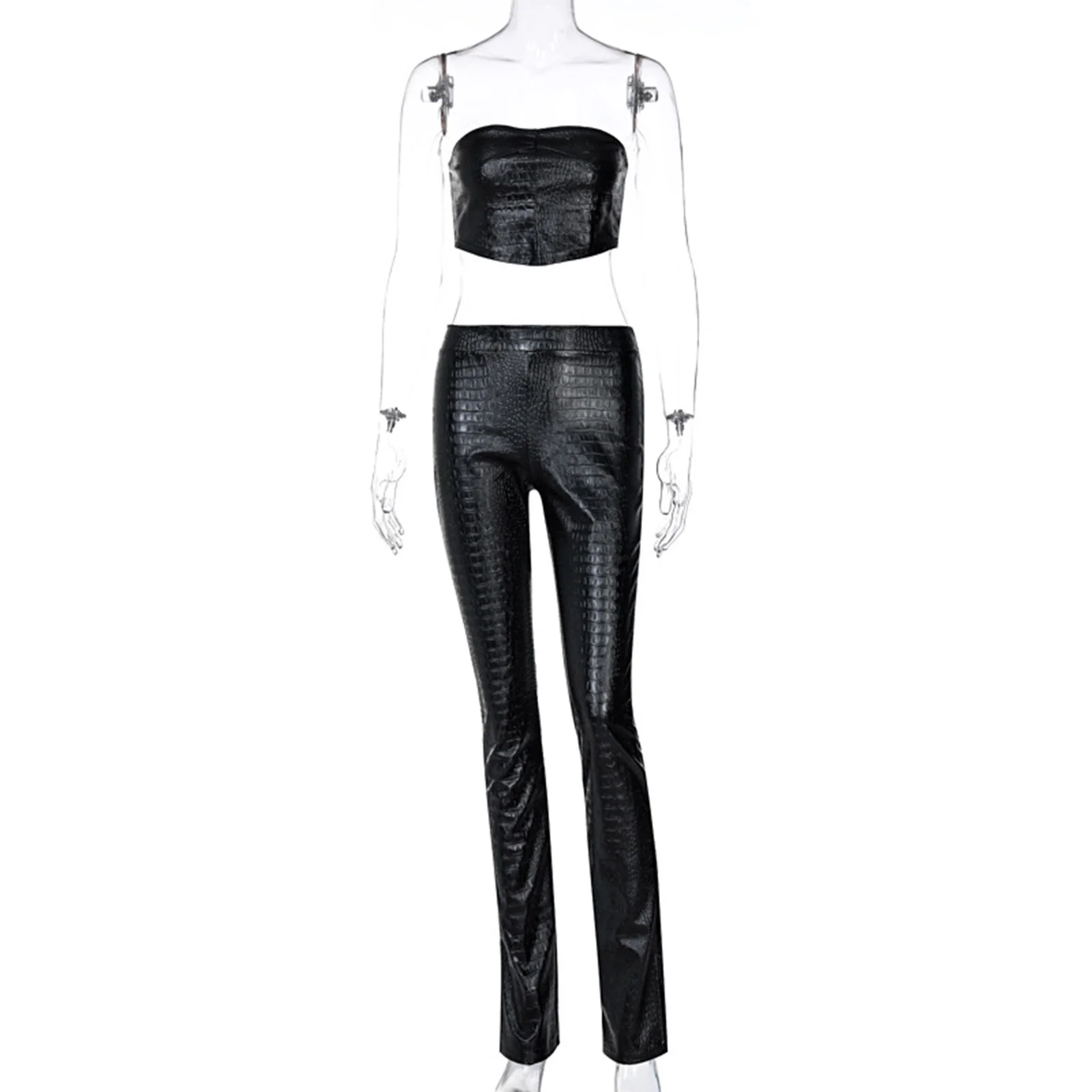 

Women Sexy Lingerie Black Crocodile Print Faux Leather Set Outfits Strapless Crop Top Tube Tops with Split Pants Casual Clothing