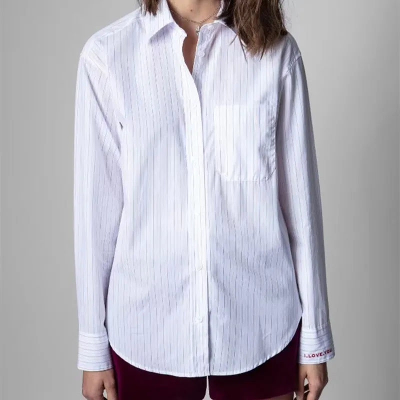 Женская хлопковая рубашка в полоску Офисная однобортная блузка с отложным