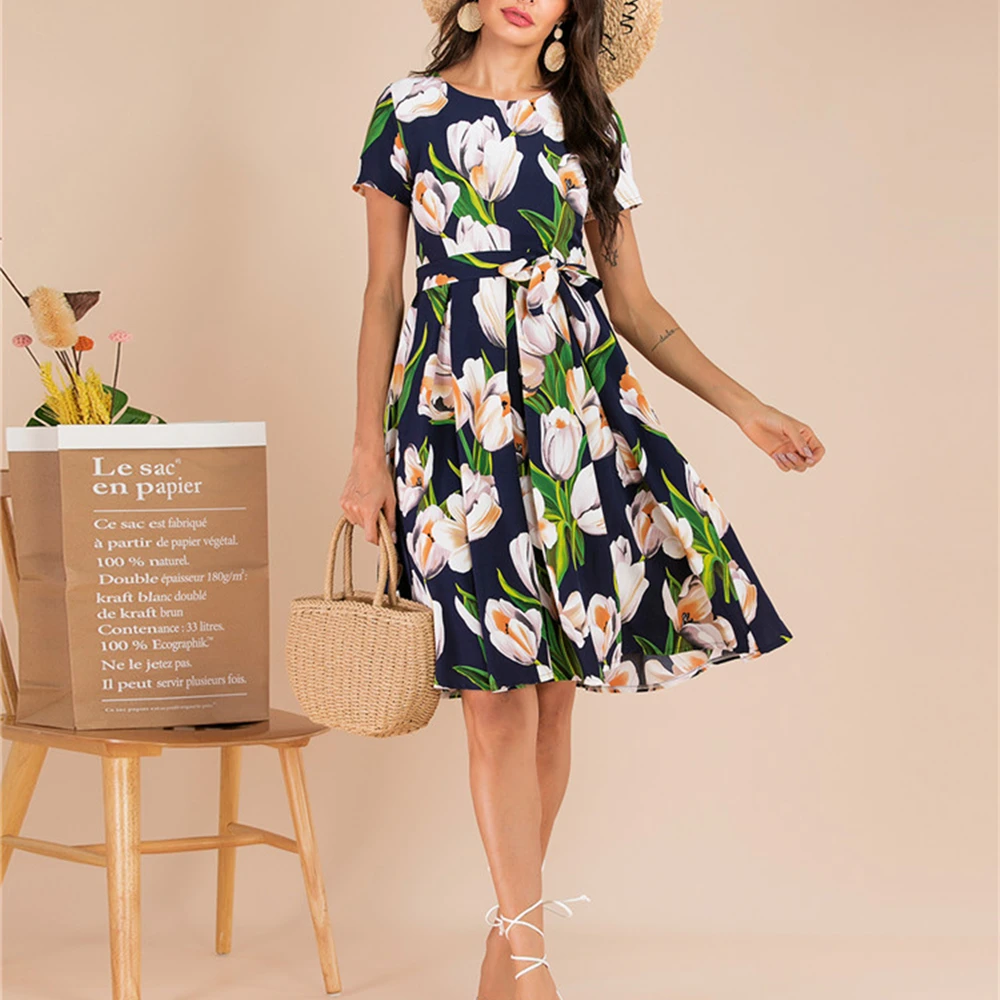 Женское пляжное платье с цветочным принтом Повседневное миди трапециевидной