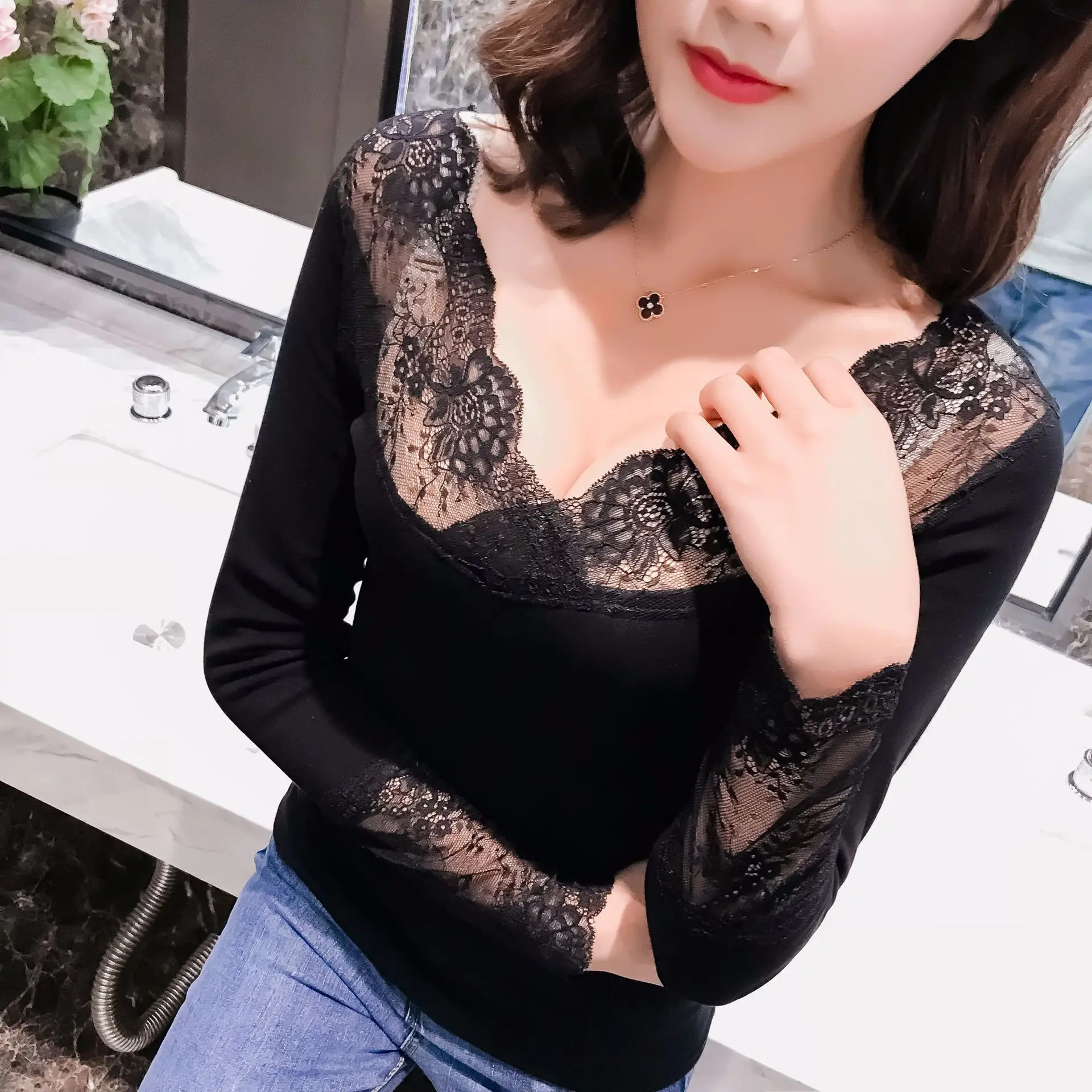 Сексуальные кружевные термальные Топы для женщин 2019 осень зима толстое теплое