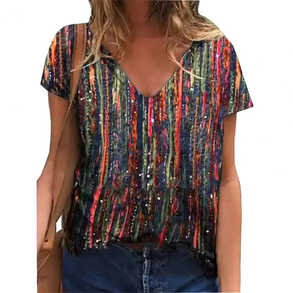 

Женские футболки с коротким рукавом, летняя женская футболка в стиле High Street, Женские повседневные топы в полоску, 5XL, футболка с V-образным вы...