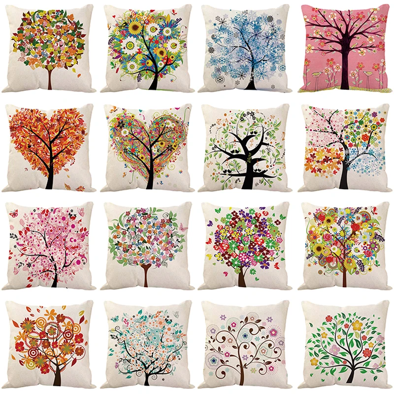 

Floral Leaf Cushion Cover 45X45 Cotton Linen Love Tree Decorative Throw Pillows Color Print Pillowcase Sofa Cushions Home Decor