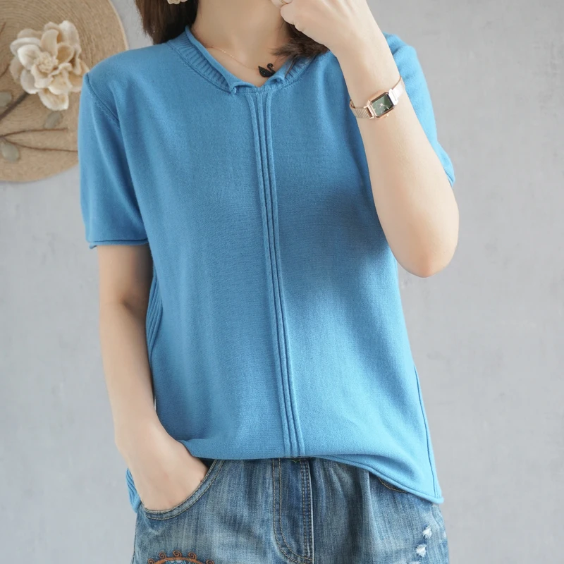 

T-shirt women 2021 new summer pure cotton knitted sweater short-sleeved women casual plus size tops v-neck pullover tees