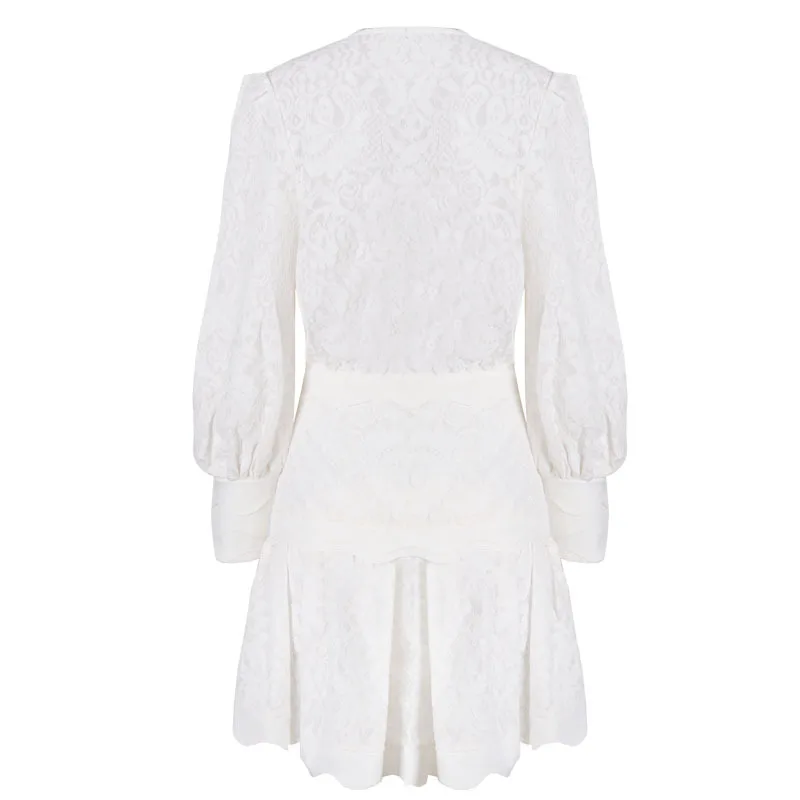 Выдалбливают Кружева платье женщины фонарь рукав высокой талии мини-платье |