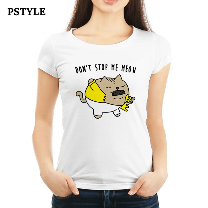 Freddie Mercury, футболка для женщин, летняя, забавная, Don't Stop Me Meow, хип-хоп, с принтом, женская, короткий рукав, базовая, белая, футболки