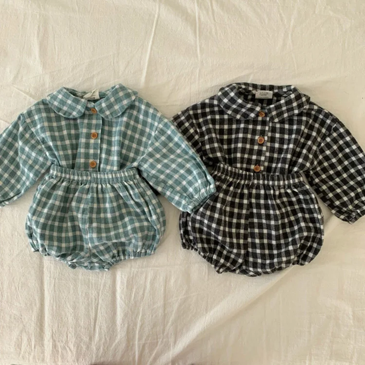 

baby clothing plaid full sleeve turn-down collar shirt and bloomer 2pcs boys clothes set fashion toddler girls set