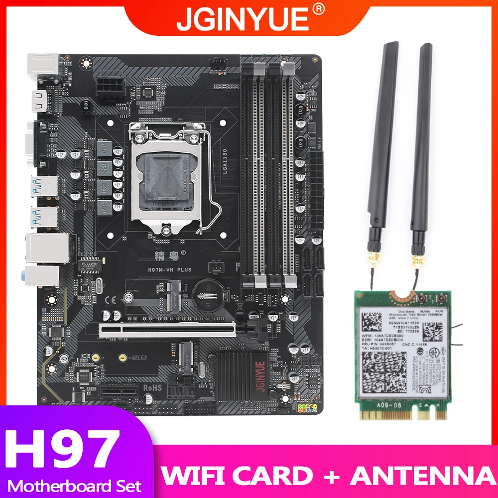 

Материнская плата H97, комплект LGA 1150, с картой Wi-Fi и антенной для процессора Pentium/Core/Xeon DDR3, память M.2 NVMe H97M-VH PLUS
