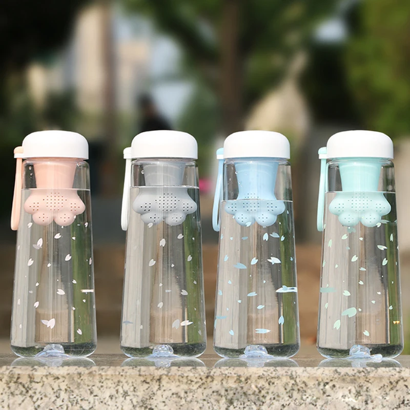 

Creative Cute Water Bottle Cat Claws Shape Tea Filter Sakura Pattern Transparent Drinking Cup With Portable Rope