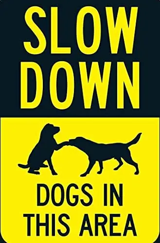 

Slow Down Dogs in This Area Traffic Novelty Retro Metal Sign Man Cave Pay Attention to Safety Life First 12X16 inch