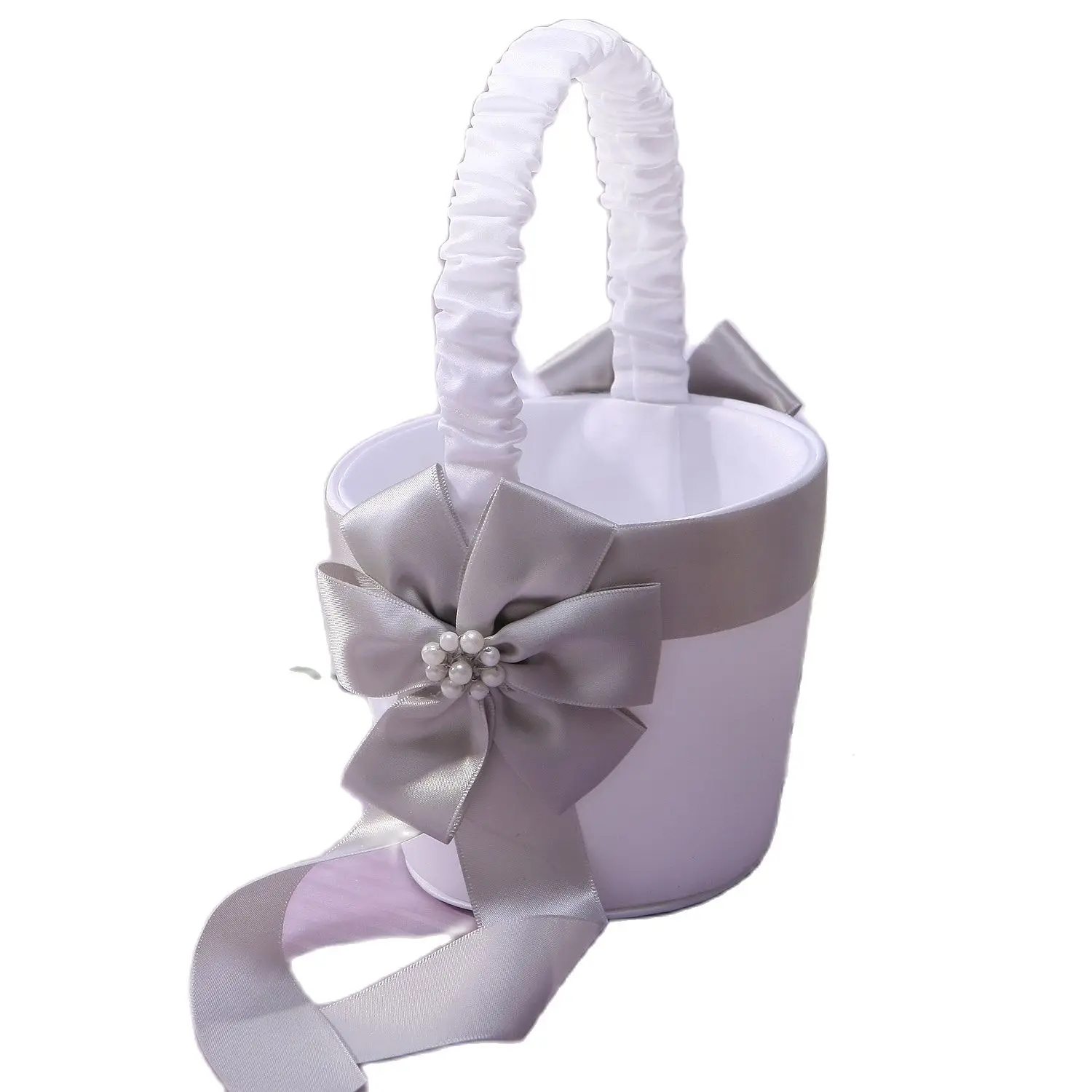 

White Flower Girl Baskets for Wedding - Silver Bowknot and Flower