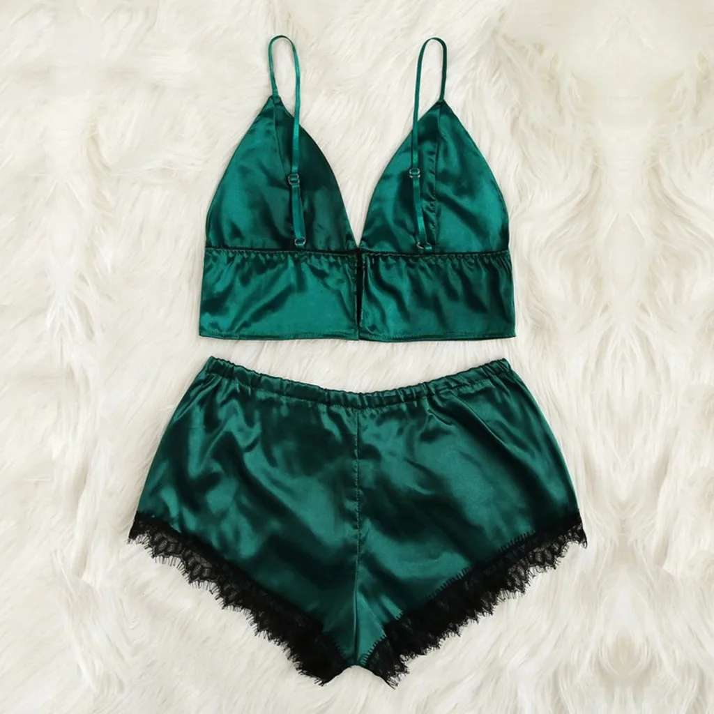 2019 Women's Sexy lingerie Bra Set Women Satin Lace Trim Shorts Sleepwear Backless Pajamas Dropship FDropship FD | Женская одежда