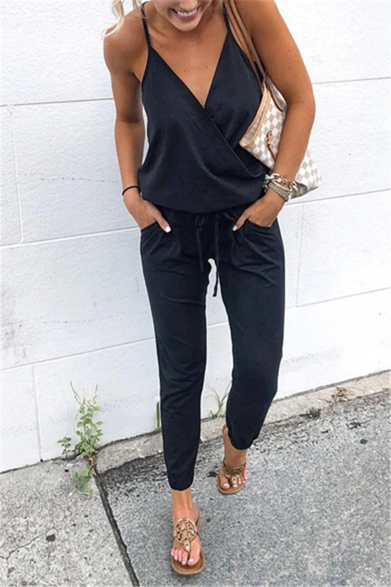 

2020 Spring Summer Autumn Cross-V-neck Lace Sexy Halter Jumpsuit Red Black Royal Blue Romper Women Trouser