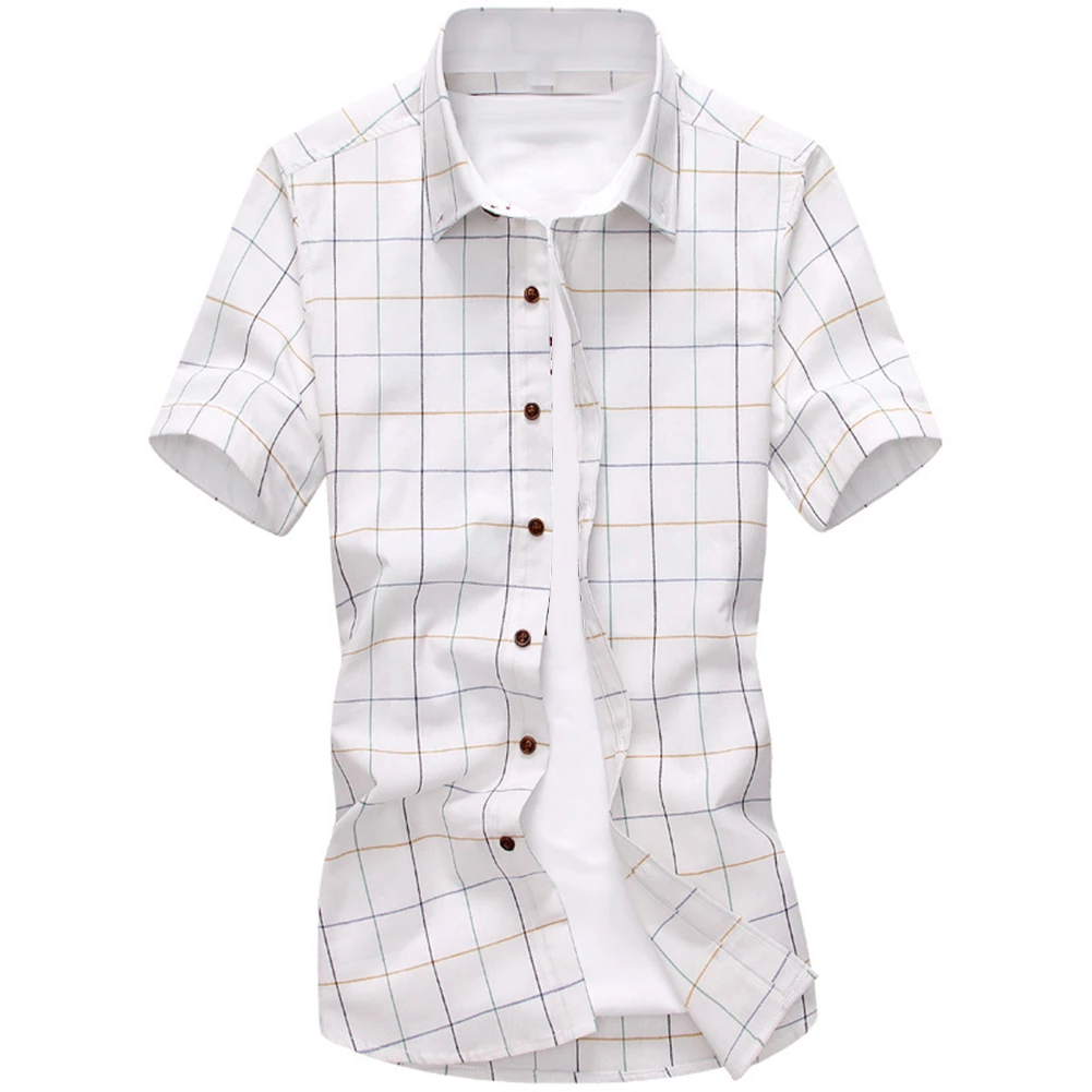 Мужская хлопковая рубашка в клетку с коротким рукавом и отложным воротником |