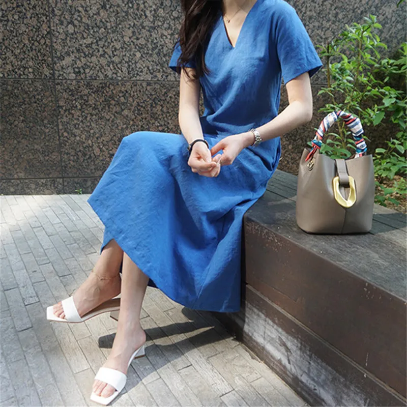 

Women's V-Neck Short-Sleeved Solid Color Cotton And Linen Belt Pocket Casual And Comfortable Long Dress