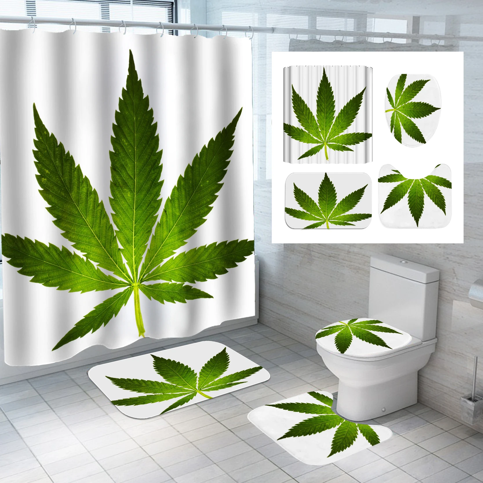 

Poisonous Leaves Waterproof Shower Curtain Bath Mat Pedestal Rug Lid Toilet Cover Bathroom 4PCS/ Set