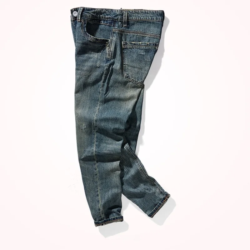 Autumn and Winter New Retro Distressed Worn Denim Jeans Washed Tapered Straight Pants Men 's American Casual Trousers