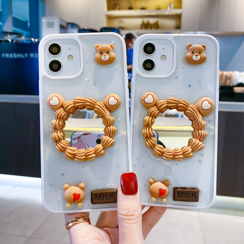 

Cute Bear Case For iPhone 11 Case For iPhone 12 Pro Max X XR XS MAX 7 8 Plus Makeup Mirror Phone Case Shockproof Soft Covers
