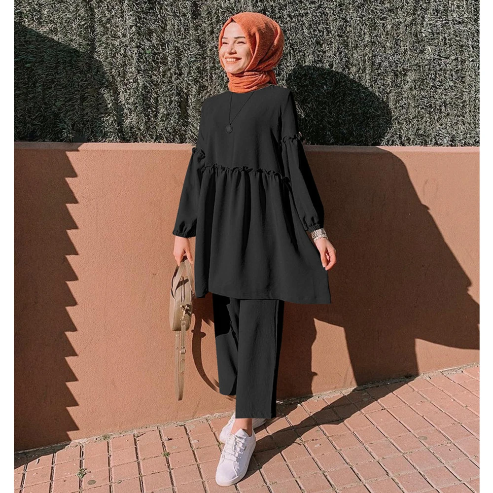 

2 Pieces Dubai Abaya Turkish Muslim Dress Women Kaftan Long Sleeve Blouse Wide Leg Pants Set Islamic Clothing Jilbab Arab Robe