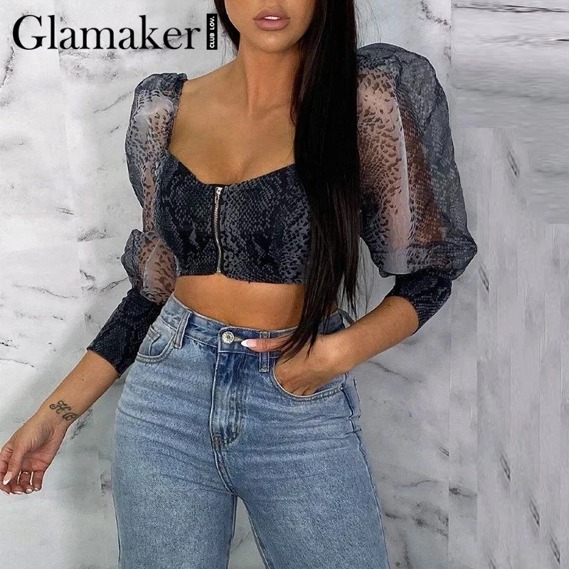 Прозрачная блузка Glamaker из органзы с принтом в виде животного рукавами-фонариками