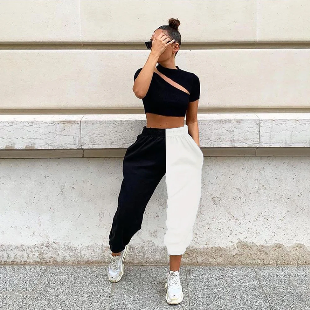 

2020 spring and summer hot selling new women's high-waisted color splicing bundle leg casual pants free shipping