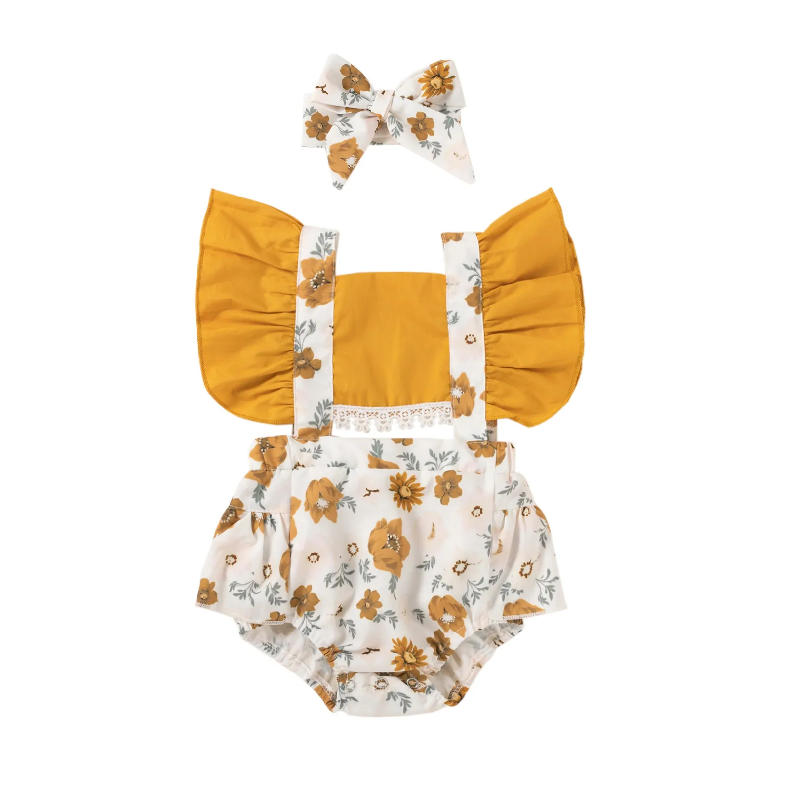 

Newborn Romper Infant Baby Girls Ruffle Floral Flying Sleeve Bodysuit Romper+bowknot Kawaii Orange Headband Sets Pour Bbs