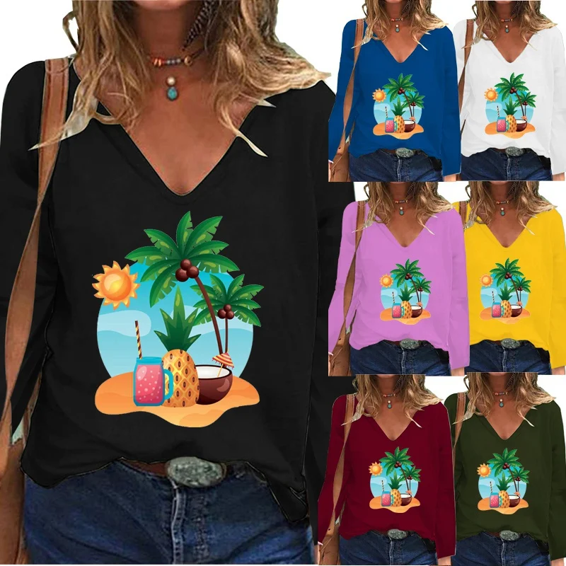 

Женская Осенняя Повседневная футболка с V-образным вырезом и длинным рукавом